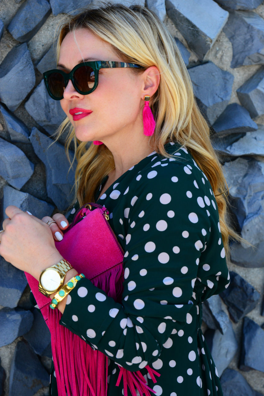 Yuna yang 1 - Hot Pink Accessories & Polka Dot Trench Coat featured by popular Los Angeles fashion blogger, The Hunter Collector