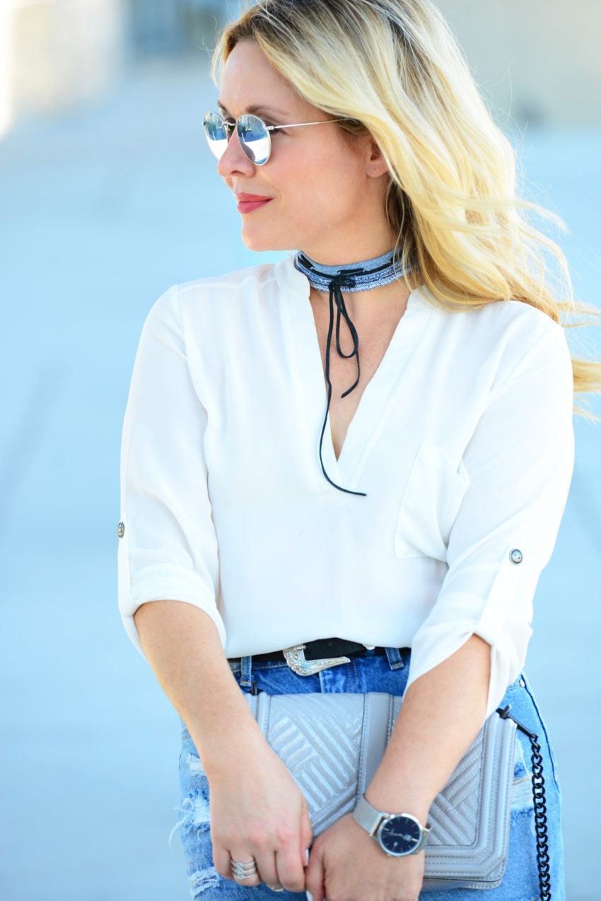 Denim Skirt, Denim Choker featured by popular Los Angeles fashion blogger, The Hunter Collector