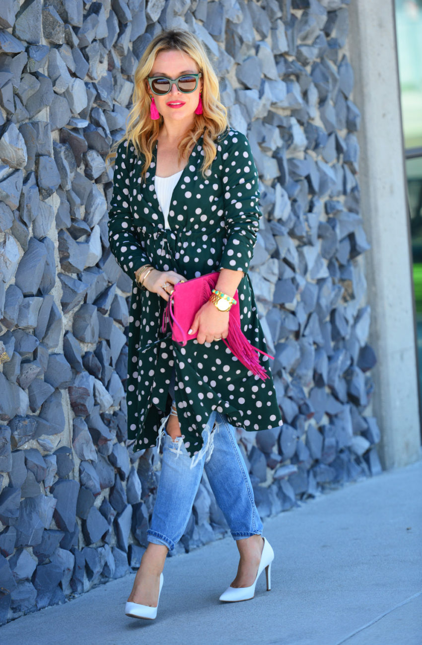 yuna yang 5 - Hot Pink Accessories & Polka Dot Trench Coat featured by popular Los Angeles fashion blogger, The Hunter Collector