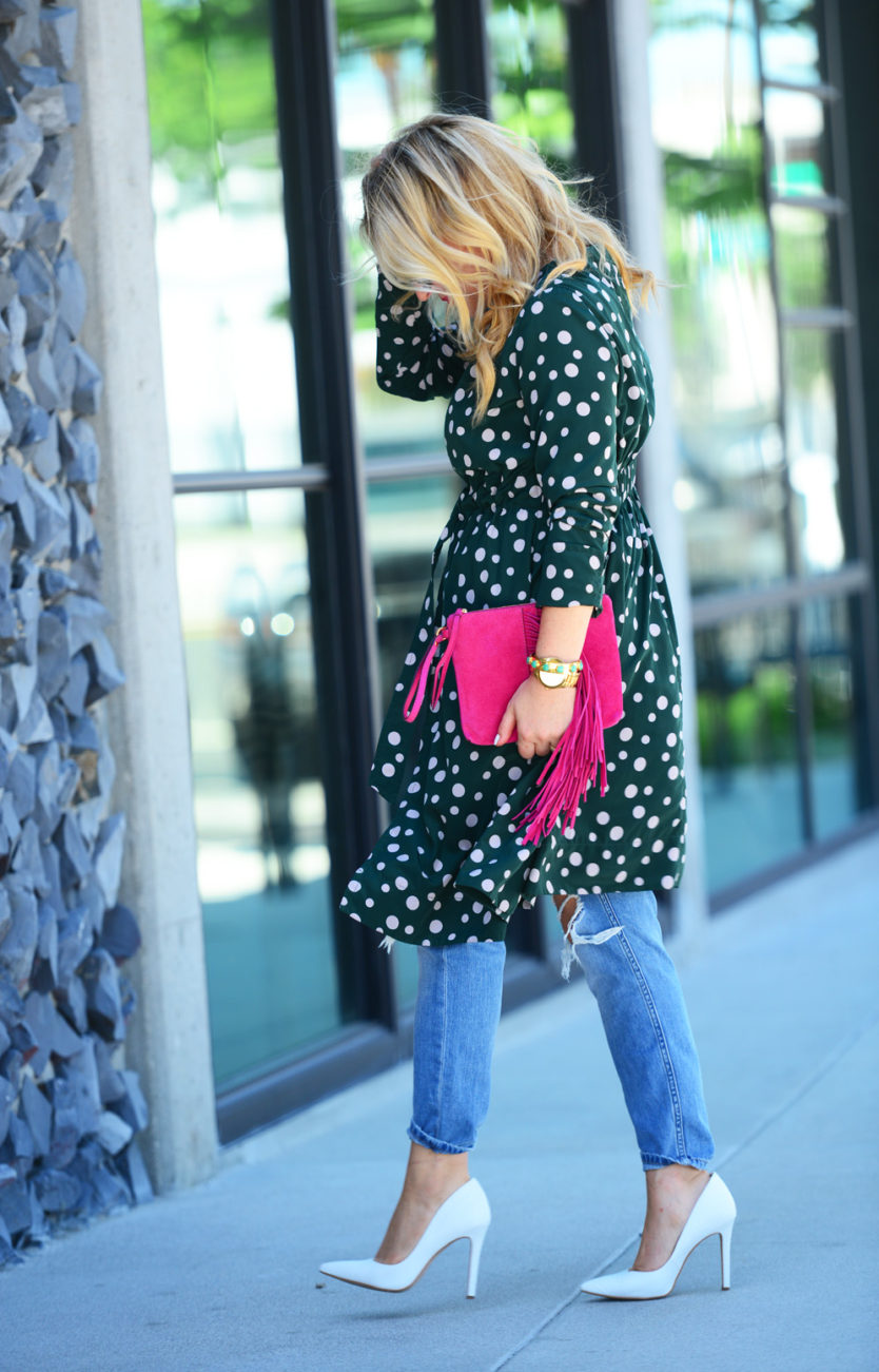yuna yang 8 - Hot Pink Accessories & Polka Dot Trench Coat featured by popular Los Angeles fashion blogger, The Hunter Collector