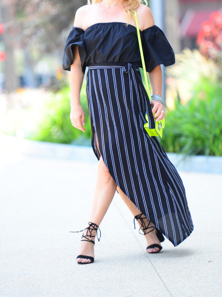 Striped Maxi Skirt, Black Off Shoulder. | The Hunter Collector