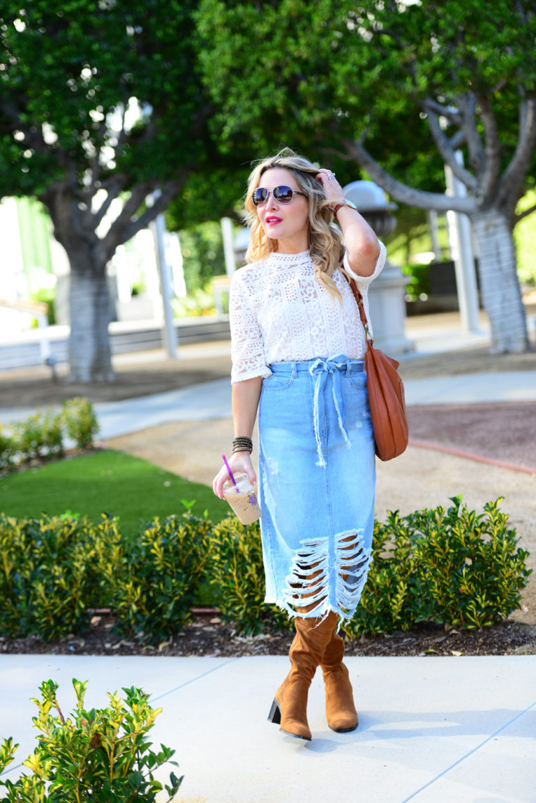 Distressed Denim Skirt, Lace Top. - The Hunter Collector