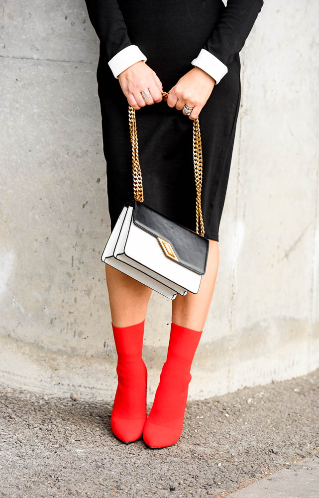Red Sock Boots, Black & White Dress featured by popular Los Angeles fashion blogger, The Hunter Collector