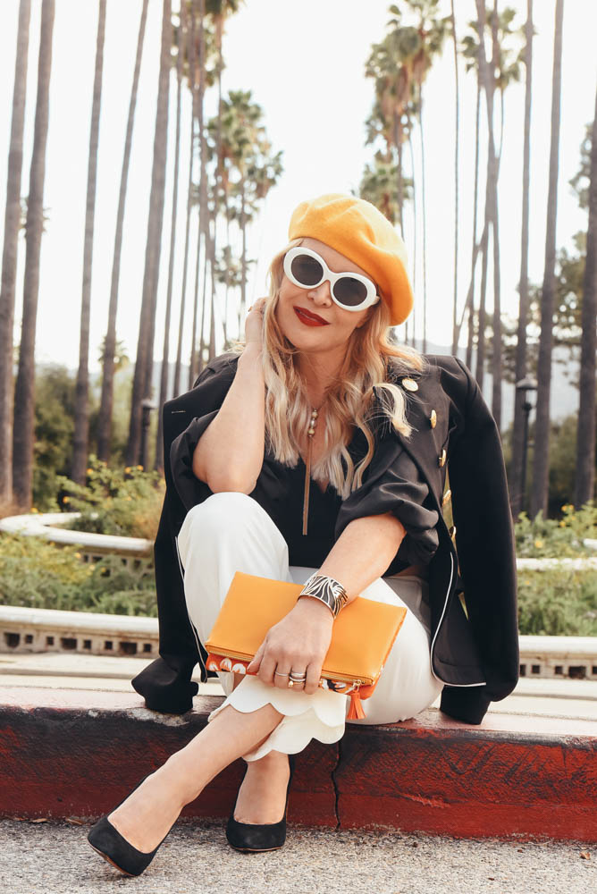 ASOS yellow beret styled by popular Los Angeles fashion blogger, The Hunter Collector