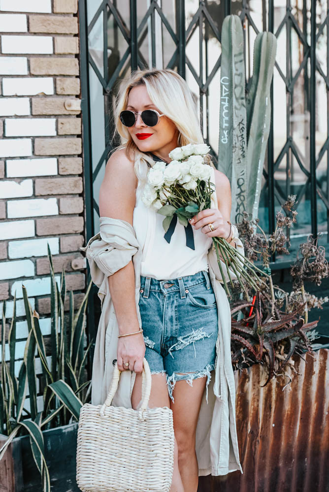CeCe Blouse with Navy Bow, Trench Coat, Vintage Denim featured by popular Los Angeles fashion blogger The Hunter Collector