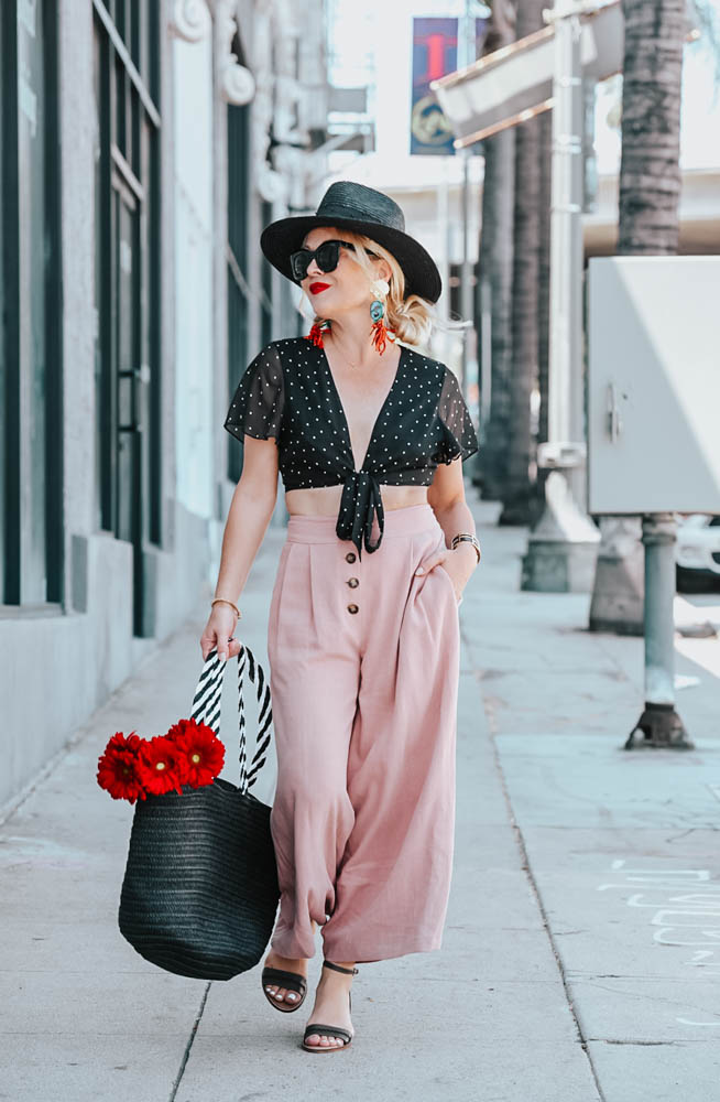 Pink Culottes, Polka Dot Crop Top. featured by popular Los Angeles fashion blogger, The Hunter Collector