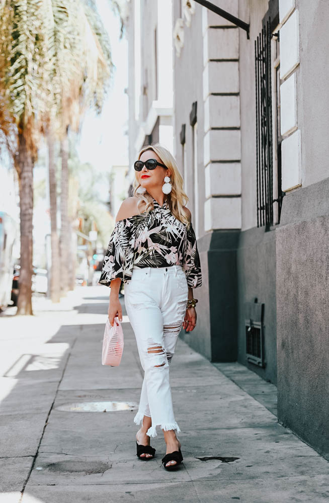 Tropical Print, White Denim Off the Shoulder Top featured by popular Los Angeles fashion blogger, The Hunter Collector