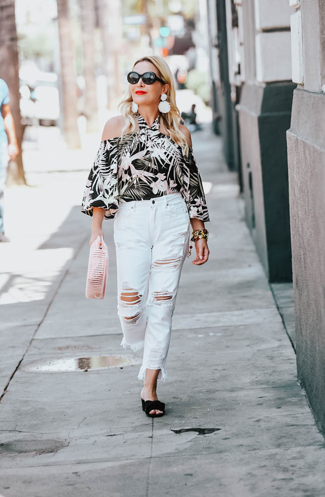 Tropical Print, White Denim Off the Shoulder Top featured by popular Los Angeles fashion blogger, The Hunter Collector