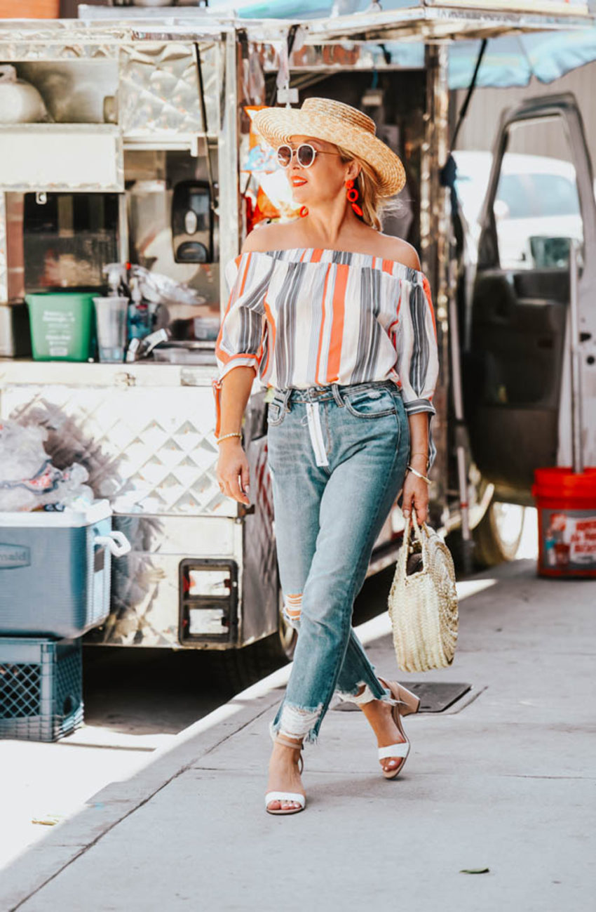 Striped Off The Shoulder Top, Straw & Zippered Denim featured by popular Los Angeles fashion blogger The Hunter Collector