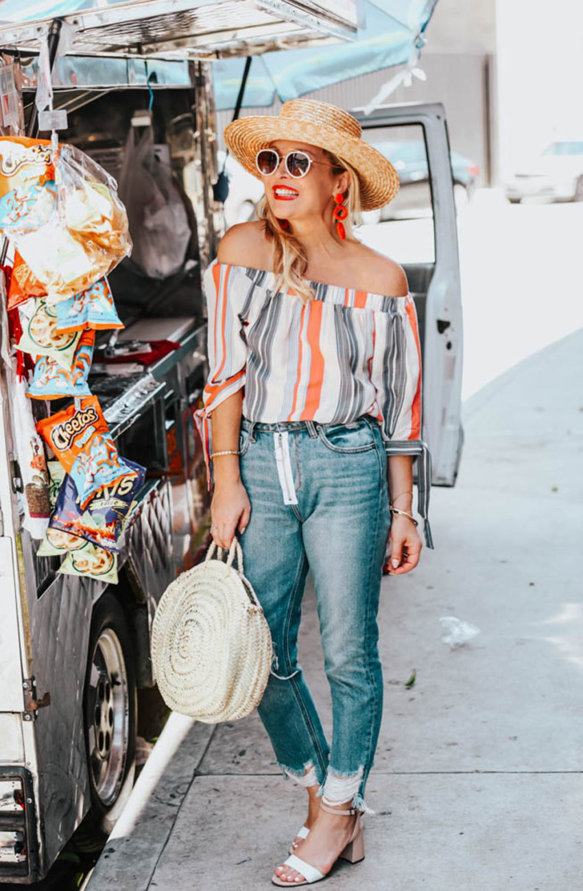 Striped Off The Shoulder Top, Straw & Zippered Denim featured by popular Los Angeles fashion blogger The Hunter Collector