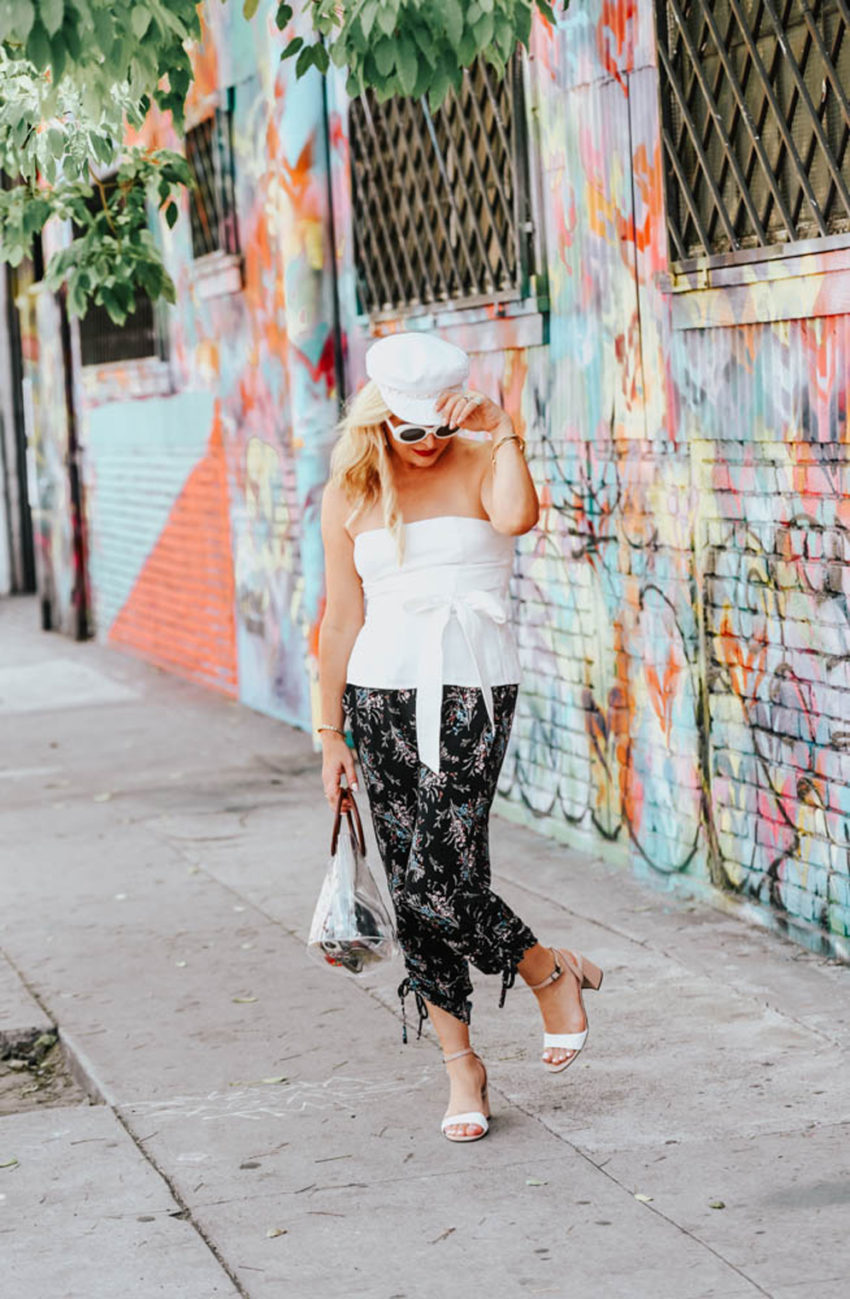 White Cap, Bustier, Floral Joggers featured by popular Los Angeles style blogger The Hunter Collector 