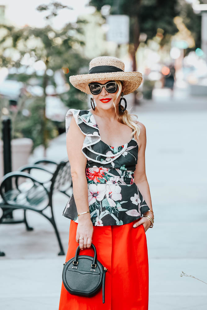 Floral Ruffle Top, Midi Skirt & Straw Hat featured by popular Los Angeles fashion blogger The Hunter Collector
