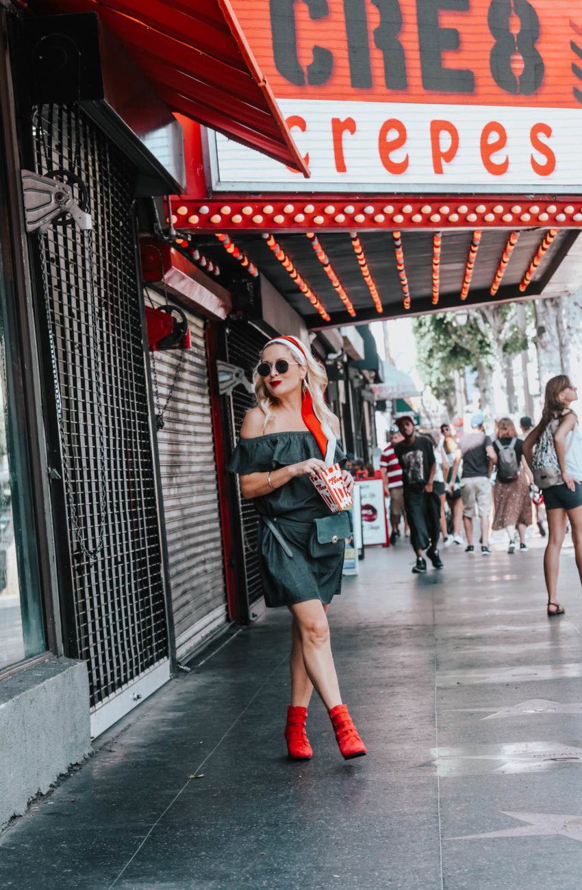 Pick & Pay | Red Booties, Grey Denim Dress featured by popular Los Angeles fashion blogger The Hunter Collector