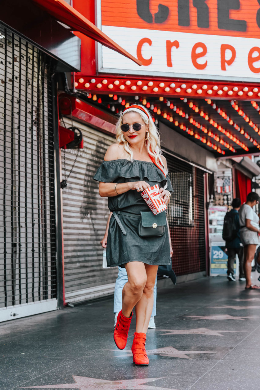 Pick & Pay | Red Booties, Grey Denim Dress featured by popular Los Angeles fashion blogger The Hunter Collector