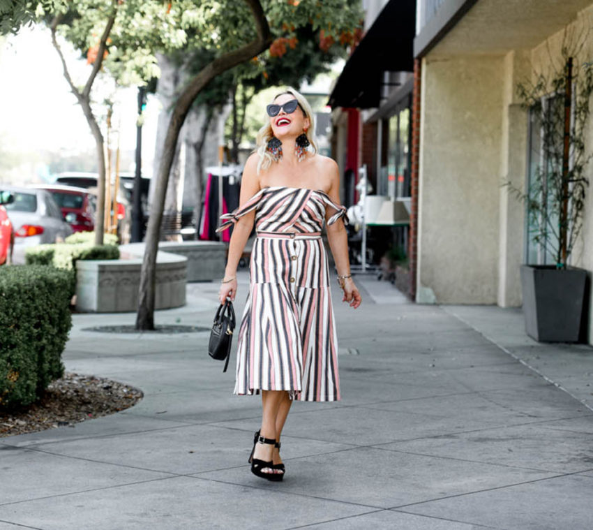 Off The Shoulder Striped Dress from Adelyn Rae, Statement Earrings featured by popular Los Angeles fashion blogger The Hunter Collector 