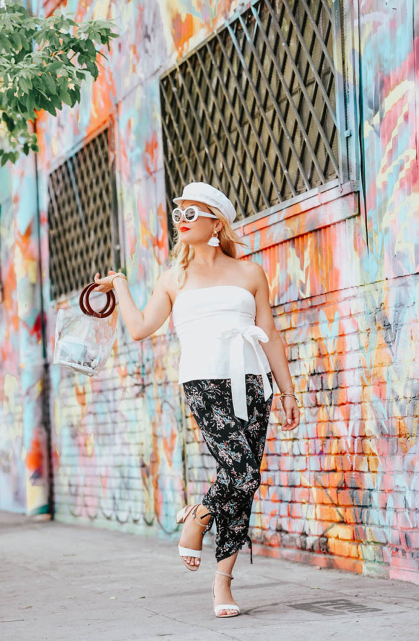 White Cap, Bustier, Floral Joggers featured by popular Los Angeles style blogger The Hunter Collector 
