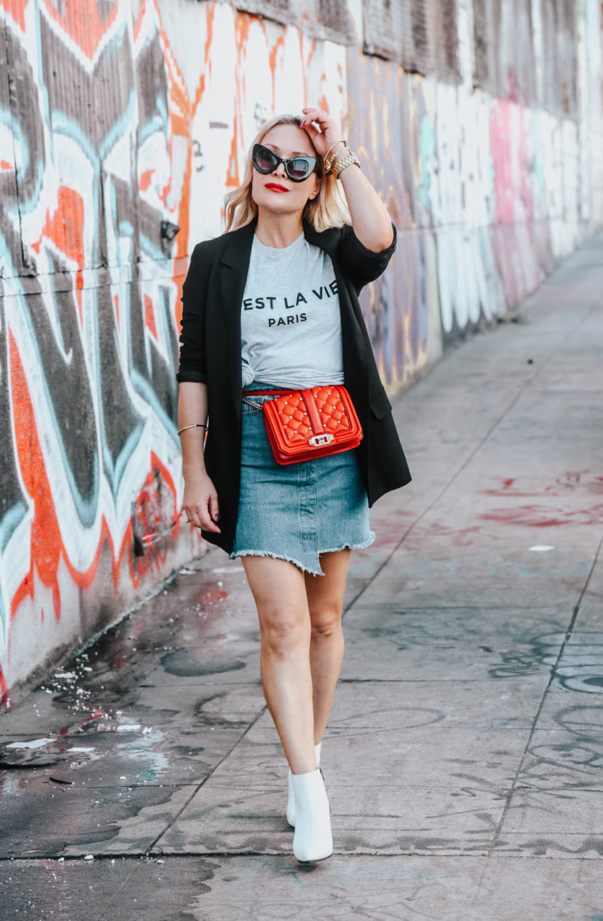 Paris Tee, Denim Skirt, Ankle Boots featured by popular Los Angeles fashion blogger The Hunter Collector