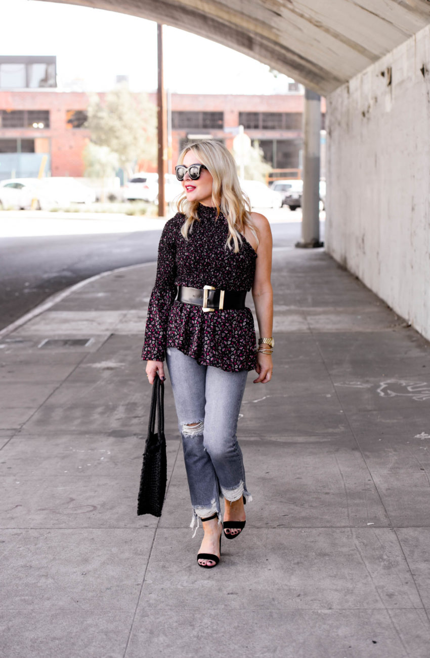 CECE BY CYNTHIA STEFFE | Floral One Shoulder Top, Distressed Denim featured by popular Los Angeles fashion blogger The Hunter Collector