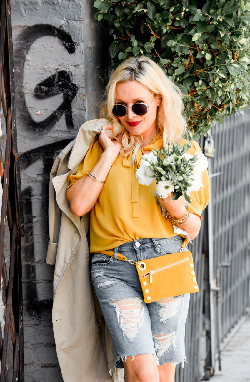Nordstrom | Mustard Top, Denim Bermuda Shorts featured by popular Los Angeles fashion blogger The Hunter Collector