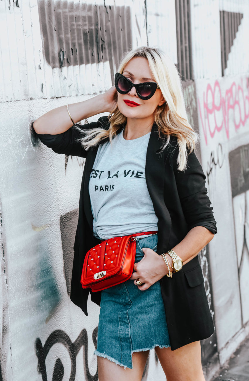 Paris Tee, Denim Skirt, Ankle Boots featured by popular Los Angeles fashion blogger The Hunter Collector