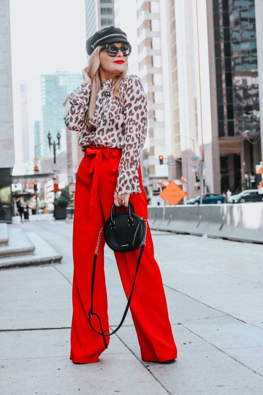 Express | Lilysilk | Red Wide Leg Pants, Silk Leopard Print featured by top Los Angeles fashion blog The Hunter Collector