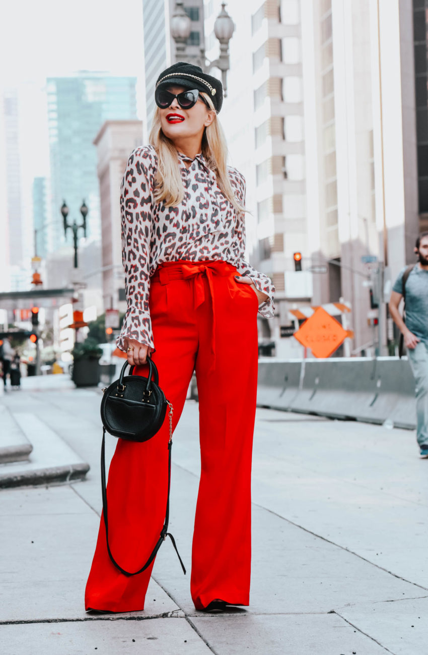 Express | Lilysilk | Red Wide Leg Pants, Silk Leopard Print featured by top Los Angeles fashion blog The Hunter Collector