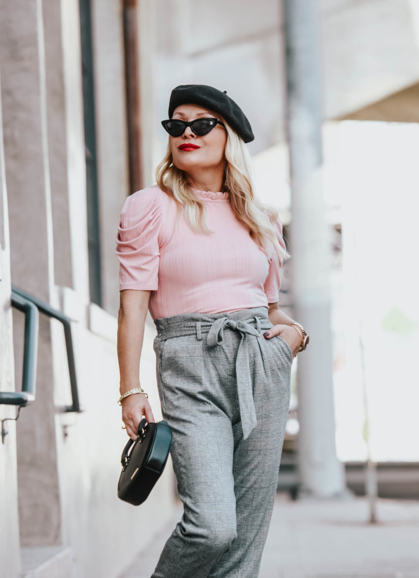 CeCe By Cynthia Steffe | Sugarhigh | Plaid Pants, Pink Top, Black Beret featured by top Los Angeles fashion blog The Hunter Collector
