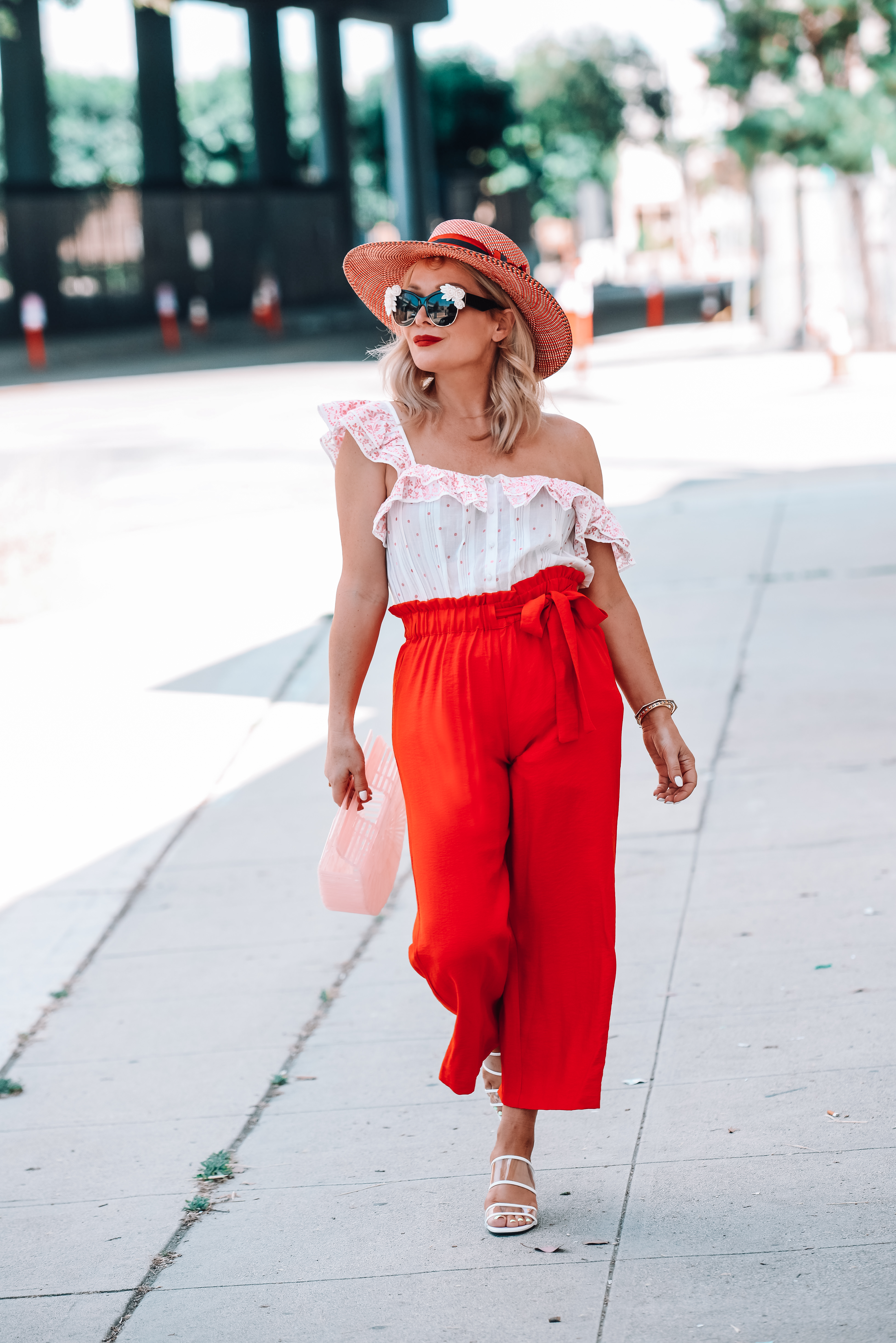 red paperbag pants