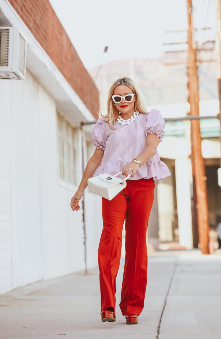 Lilac Peplum Top, Red Hot Trousers. - The Hunter Collector