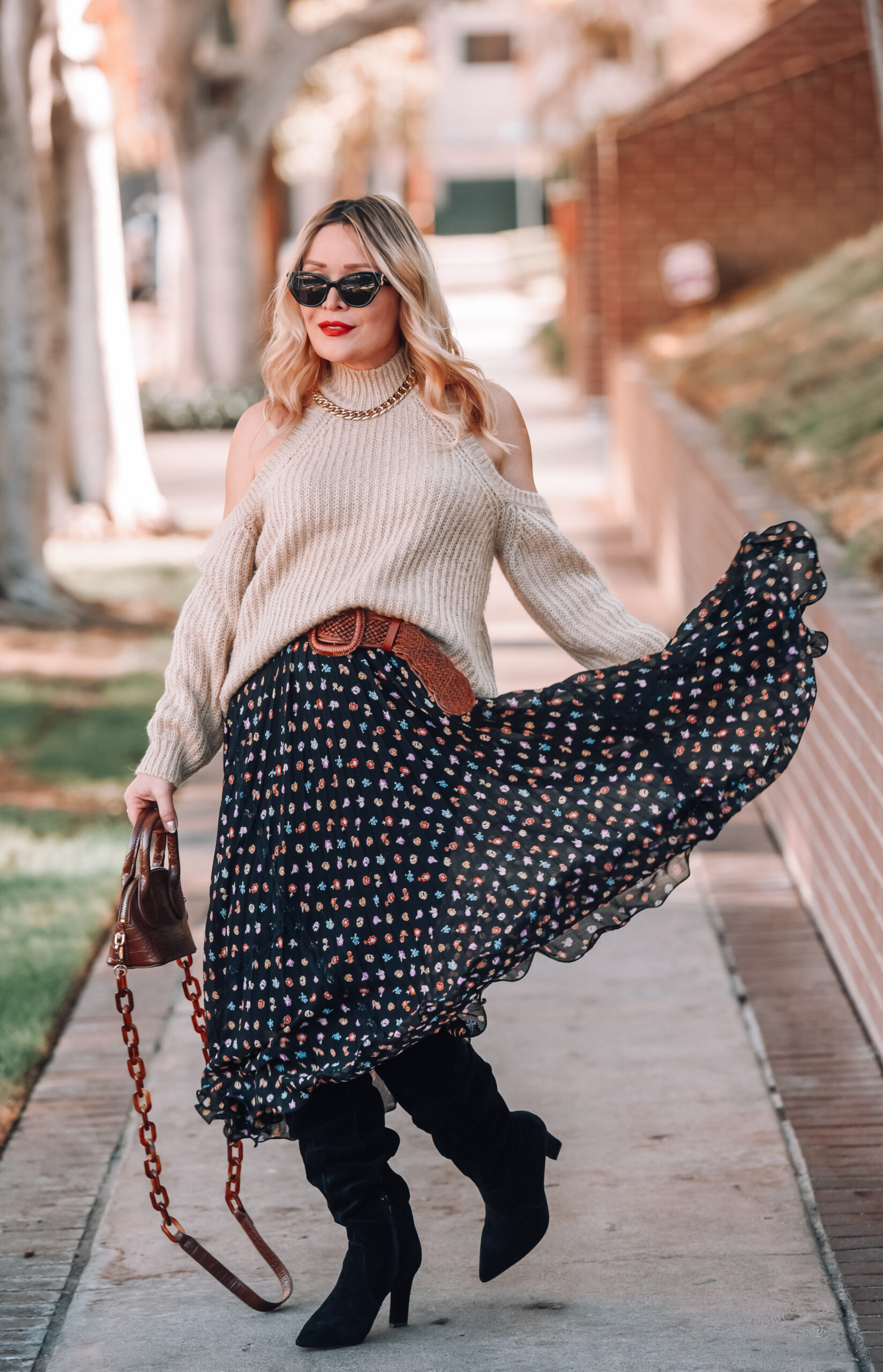 Cold Shoulder Sweater, Twirly Midi Skirt. - The Hunter Collector