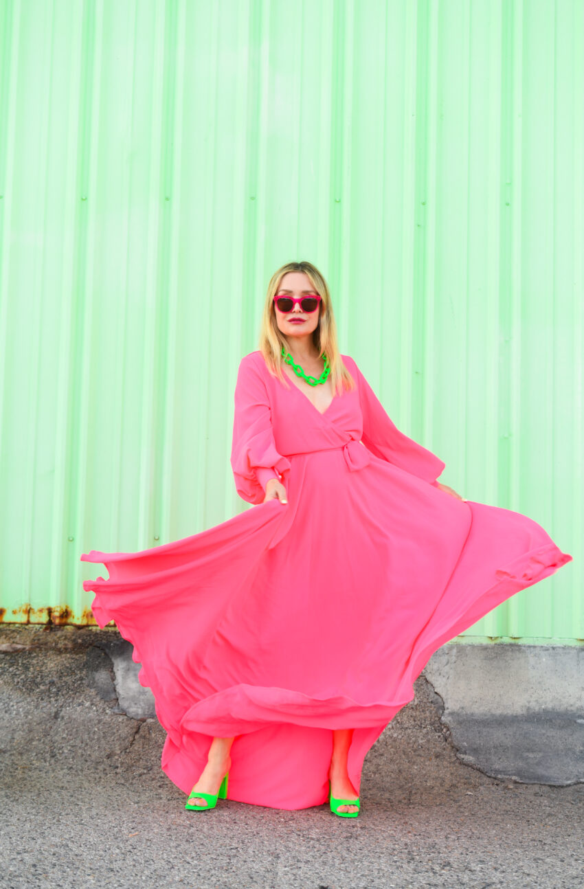 Neon Pink Maxi Dress, Green Accessories. - The Hunter Collector