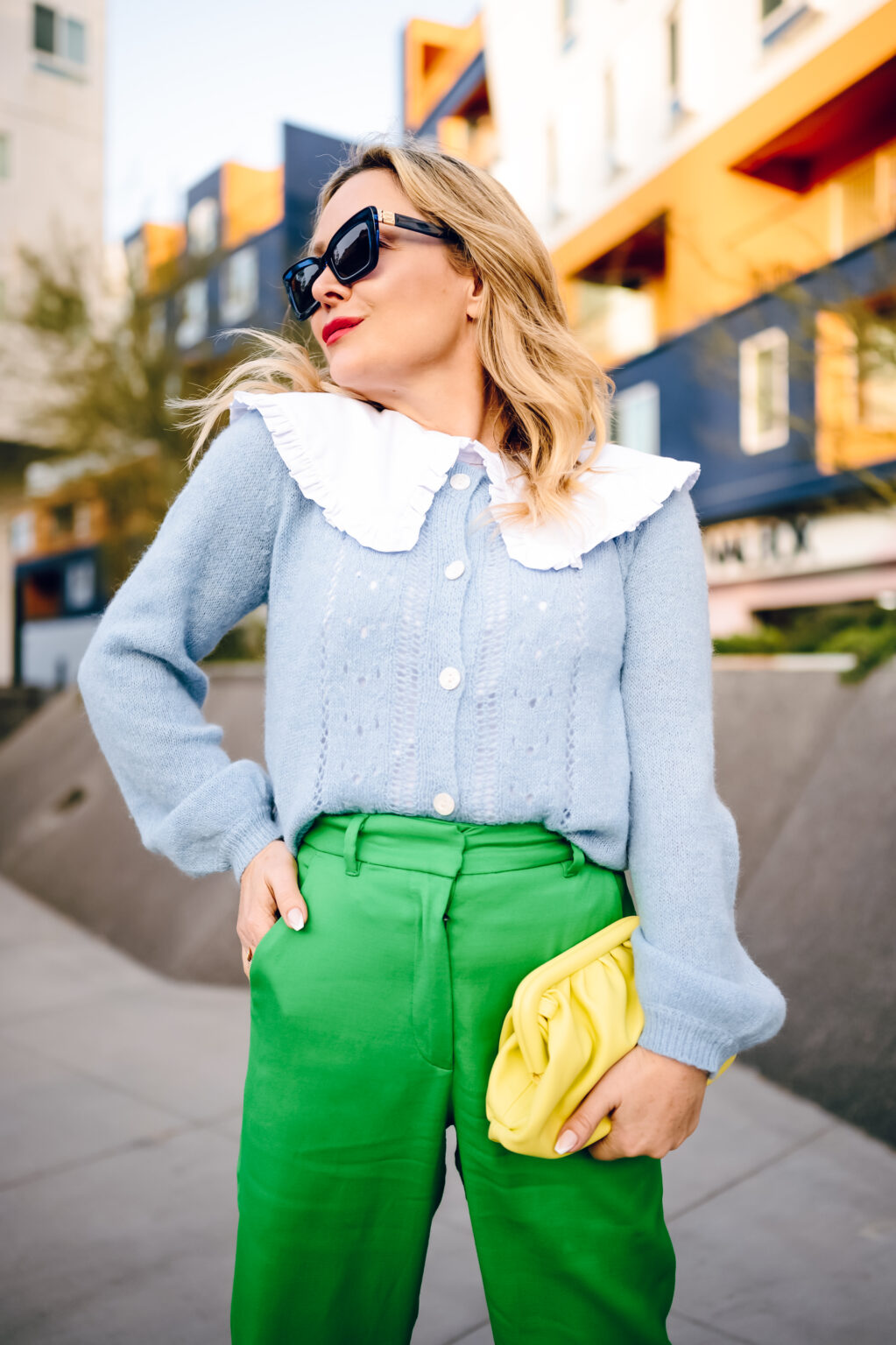 Baby Blue Cardigan, Kelly Green Trousers. - The Hunter Collector