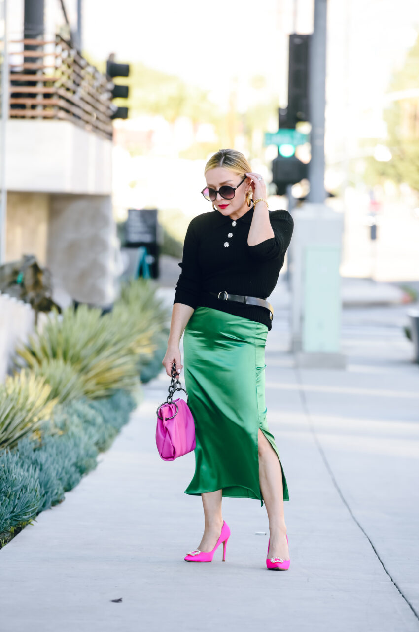 Green Slip Dress, Pink Heels.