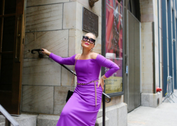 Purple Maxi Dress, Neon Green Heels.