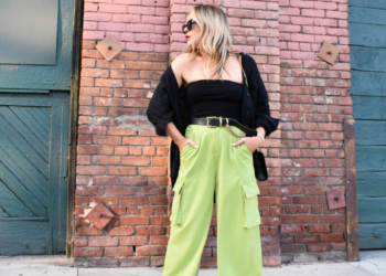Green Cargo Pants, Strapless Top.