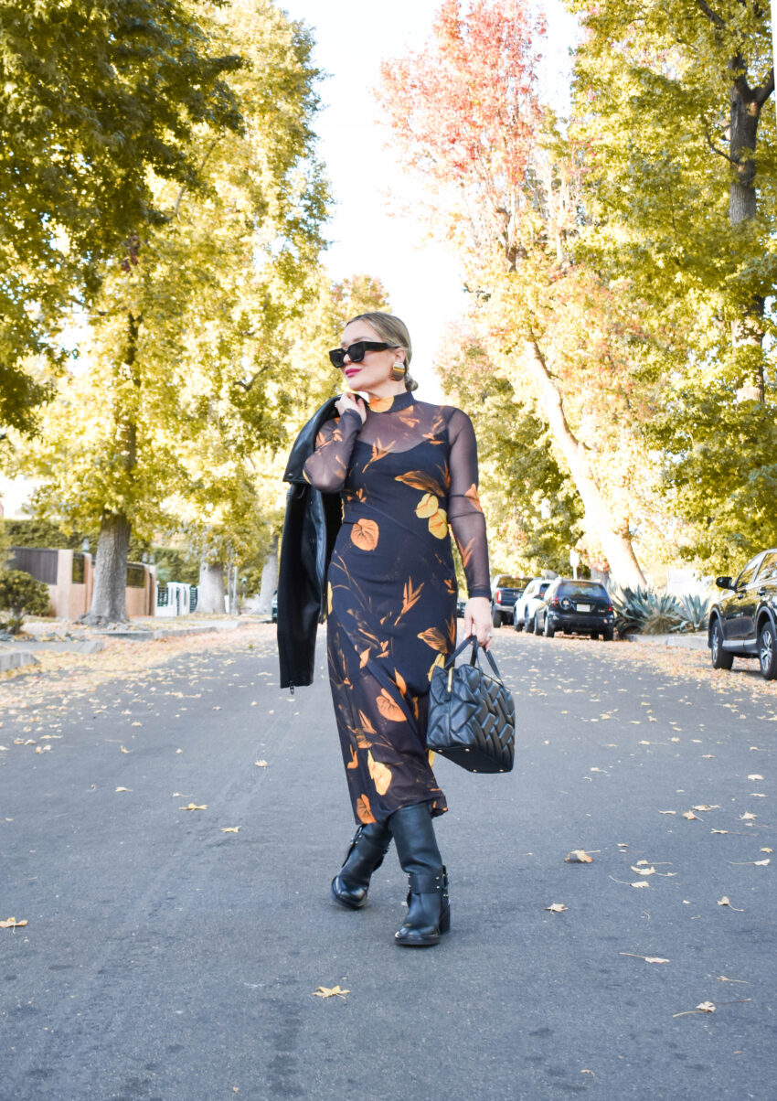 Fall Floral Mesh Dress, Motorcycle Boots.