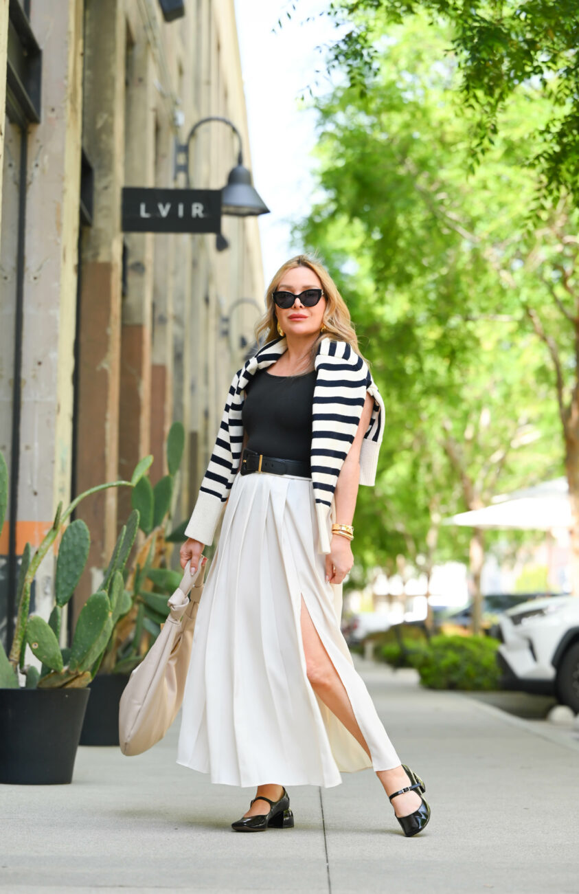 Pleated Maxi Skirt, Striped Cardigan: Classic Style.